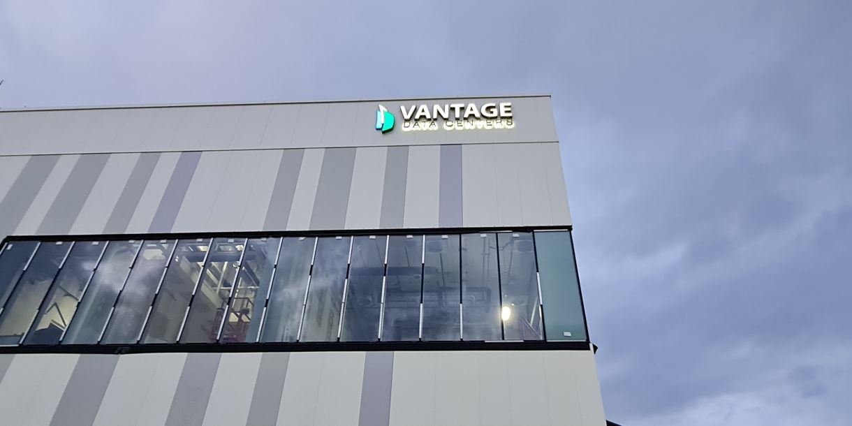 Vantage Data Centers company signage with illumination