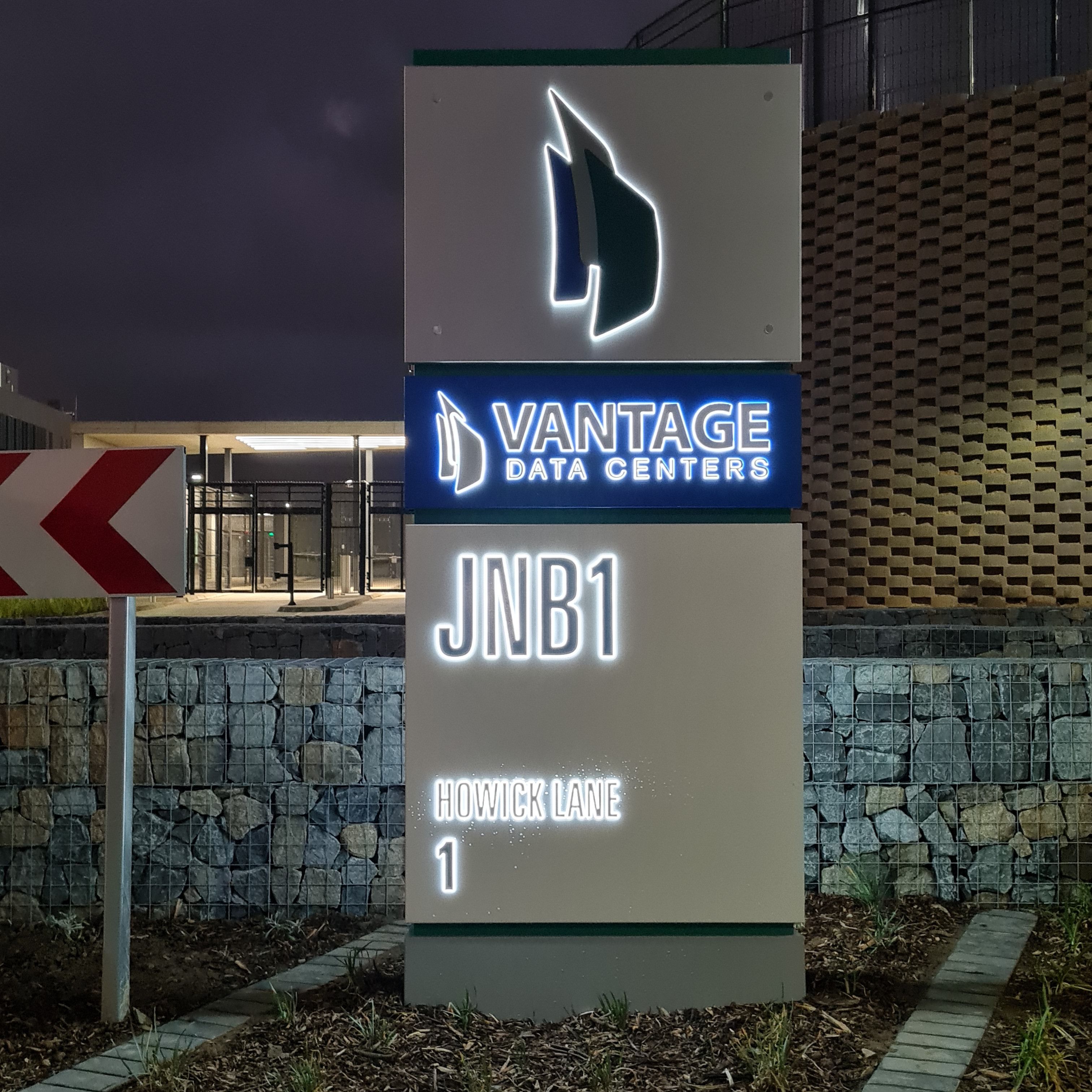 Illuminated signage for Vantage Data Centers, as part of their wider company sign installation.
