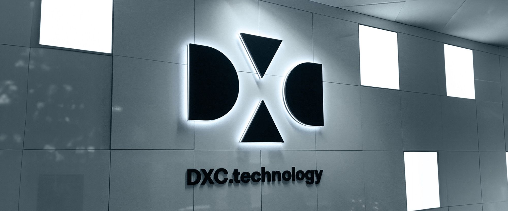 Reception area company sign installation for DXC Technology